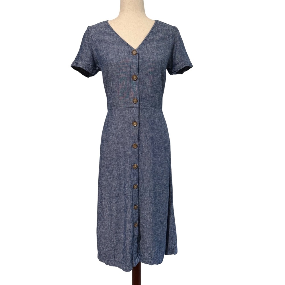 Old Navy Linen Blend Button Front Midi Dress XS Chambray Breathable Preppy
